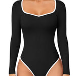 OQQ Women Bodysuit Contrast-Trim Square Neck Long Sleeve Stretch Bodysuit Tops Black