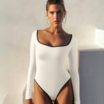 OQQ Women Bodysuit Contrast-Trim Square Neck Long Sleeve Stretch Bodysuit Tops Beige