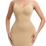 JOYSHAPER Shapewear Dress for Women Tummy Control V Neck Full Slips Under Dresses Body Shaper With Spaghetti Strap Beige