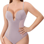 Thong Shapewear for Women Tummy Control Low Back U Plunge Backless Body Shaper Bra Faja with Open Crotch Bodysuit