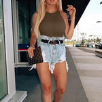 OQQ Women's 3 Piece Bodysuits Sexy Ribbed One Piece Sleeveless Halter Neck Tops Leotard Summer Trendy Black Coffee Beige