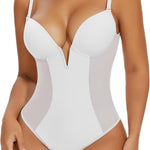 SHAPERIN Women's Deep V Neck Backless Body Shaper Bra Faja Plunge Low Back Thong Shapewear Tummy Control Bodysuit