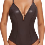 SHAPERIN Women's Deep V Neck Faux Leather Corset Bodysuit Tummy Control Shapewear Thong Body Shaper Plunge Cami Top