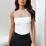 OQQ Women 2 Piece Bodysuit Mesh Ruched Sleeveless Turtle Neck Shapewear Body Suits One Piece Leotard Shirt Going Out Tops Red White