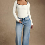 OQQ Women Bodysuit Contrast-Trim Square Neck Long Sleeve Stretch Bodysuit Tops Beige