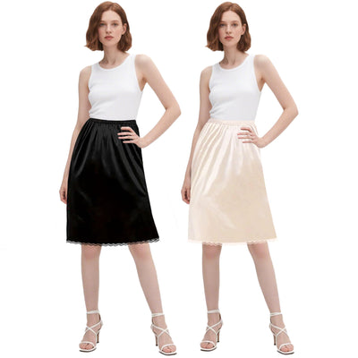 Dressever 2 Pieces Half Slips for Under Dresses Satin Long Underskirt Soft Slip for Women Skirt Extenders with Lace Trim Black and Nude 23" L