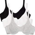 Fruit of the Loom Women's Unlined Underwire Bra - Cotton & Spandex Blend for Natural Shape and Flexibility, Blk/ White 86ck/ Grey Heather, 38DD