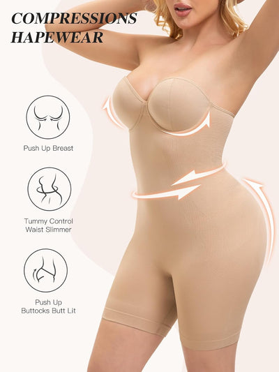 Slimers Strapless Shapewear Bodysuit For Woman: Seamless Body Shaper Built In Bar - Tummy Control Butt Lifter Shapewear