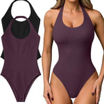 OQQ Women Halter Neck Bodysuits 2 Pack Sleeveless Shapewear One Piece Leotard Shirt Going Out Tops