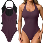 OQQ Women Halter Neck Bodysuits 2 Pack Sleeveless Shapewear One Piece Leotard Shirt Going Out Tops Black Darkpurple