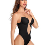 JOYSHAPER Women Plunging Deep V-Neck Strapless Backless Bodysuit Seamless Thong Full Body Shapewear for Wedding Party Black M