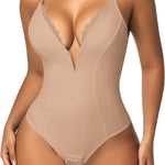 SHAPERIN Women's Lace Trimmed Deep V Neck Bodysuit Plunge Tummy Control Shapewear Thong Body Suits Cami Tank Corset Tops