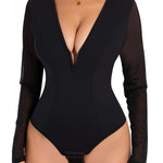 SHAPERIN Mesh Long Sleeve Shapewear Bodysuit Women Sexy Deep V Neck Tummy Control Sheer Body Suit Going Out Tops Concert Outfits Black S