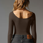 OQQ Bodysuits for Women Boatneck Long Sleeve Basic Stretch Classic-Fit Tops Sexy Bodysuit Darkbrown