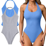 OQQ Women Halter Neck Bodysuits 2 Pack Sleeveless Shapewear One Piece Leotard Shirt Going Out Tops Grey Seasideblue