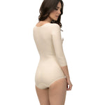 Isavela High Back Body Suit Off Center Front Hook and Eye Closure Panty Length With Sleeves (BB11) (2XL, Beige)