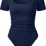 OQQ Women Bodysuits Ruched Short Sleeve Square Neck Stretch Lounge Travel Bodysuits