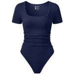 OQQ Women Bodysuits Ruched Short Sleeve Square Neck Stretch Lounge Travel Bodysuits Nave blue