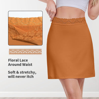 MANCYFIT Half Slips for Women Underskirt Short Mini Skirt with Floral Lace Waistband Dark Brown Large