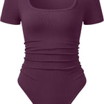 OQQ Women Bodysuits Ruched Short Sleeve Square Neck Stretch Lounge Travel Bodysuits