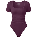 OQQ Women Bodysuits Ruched Short Sleeve Square Neck Stretch Lounge Travel Bodysuits Deep purple