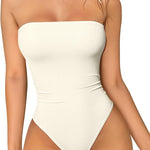 OQQ Womens Tube Bodysuits Strapless Basic Sleeveless Ruched Stretch Classic-Fit Tops Sexy Bodysuits