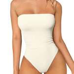 OQQ Womens Tube Bodysuits Strapless Basic Sleeveless Ruched Stretch Classic-Fit Tops Sexy Bodysuits Beige