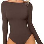 OQQ Bodysuits for Women Boatneck Long Sleeve Basic Stretch Classic-Fit Tops Sexy Bodysuit Darkbrown