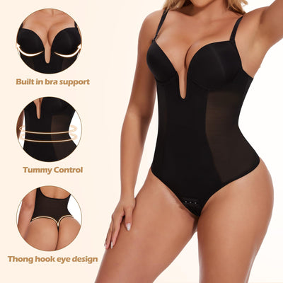 JOYSHAPER Plunge Shapwear Bodysuit with Built in Bra Tummy Control Shapewear Backless Bodysuit with Bra Low Back Shapewear Black 2XL