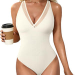 OQQ Women's Sexy V Neck Mesh Thong Bodysuit Tummy Control Bodysuits Top