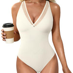 OQQ Women's Sexy V Neck Mesh Thong Bodysuit Tummy Control Bodysuits Top Beige