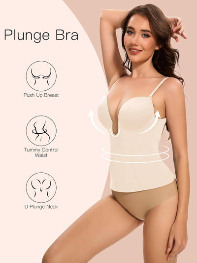 Slimers Backless Plunge Push Up Bra: Low Back Bras for Deep V Neck - Women Low Cut Shapewear Tops for Women