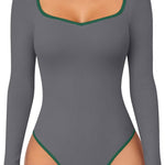 OQQ Women Bodysuit Contrast-Trim Square Neck Long Sleeve Stretch Bodysuit Tops
