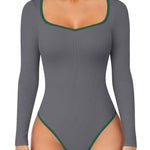OQQ Women Bodysuit Contrast-Trim Square Neck Long Sleeve Stretch Bodysuit Tops Darkgrey