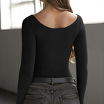 OQQ Bodysuits for Women Boatneck Long Sleeve Basic Stretch Classic-Fit Tops Sexy Bodysuit Black