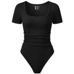 OQQ Women Bodysuits Ruched Short Sleeve Square Neck Stretch Lounge Travel Bodysuits Black