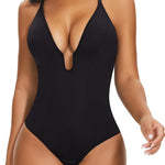 SHAPERIN Women's U Plunge Bodysuit Low Back Double Lined Tummy Control Shapewear Deep V Thong Body Suits