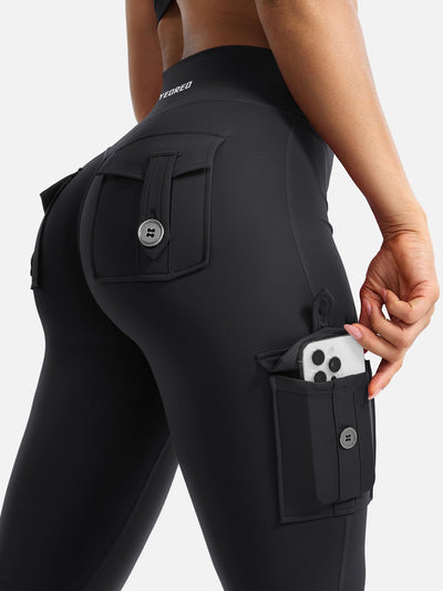 YEOREO CoreFlex Women Workout Flare Leggings with Pockets Hidden Scrunch High Waisted Cargo Gym Yoga Leggings Black M