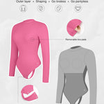 Popilush Pink Bodysuit Womens Turtle Neck Shapewear Tummy Control Long Sleeve Body Shaper Thong Tank Tops