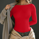 OQQ Bodysuits for Women Boatneck Long Sleeve Basic Stretch Classic-Fit Tops Sexy Bodysuit Red