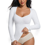 ONEW Shapewear Tummy Control Long Sleeve Shirts For Women Seamless V Neck Compression Shirt Slimming Body Shaper,White,XX-Large