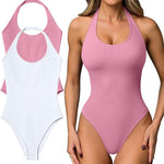 OQQ Women Halter Neck Bodysuits 2 Pack Sleeveless Shapewear One Piece Leotard Shirt Going Out Tops