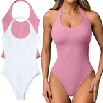 OQQ Women Halter Neck Bodysuits 2 Pack Sleeveless Shapewear One Piece Leotard Shirt Going Out Tops Dusty pink White