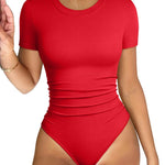 OQQ Women's Crew Neck Short Sleeve Bodysuit Ruched Stretch Vacation Basic for Tops Spring & Summer