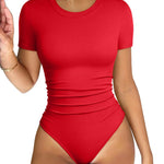 OQQ Women's Crew Neck Short Sleeve Bodysuit Ruched Stretch Vacation Basic for Tops Spring & Summer Red