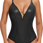 SHAPERIN Women's Deep V Neck Faux Leather Corset Bodysuit Tummy Control Shapewear Thong Body Shaper Plunge Cami Top