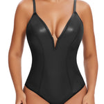 SHAPERIN Women's Deep V Neck Faux Leather Bodysuit Tummy Control Shapewear Thong Body Shaper Plunge Cami Corset Top (Medium,Black)