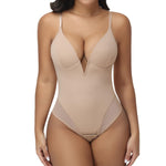 JOYSHAPER Thong Bodysuit for Women Tummy Control Low Back Shapewear Corset Body Suit Tops Deep Plunge Body Shaper with Underwire Nude M