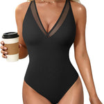 OQQ Women's Sexy V Neck Mesh Thong Bodysuit Tummy Control Bodysuits Top