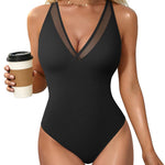 OQQ Women's Sexy V Neck Mesh Thong Bodysuit Tummy Control Bodysuits Top Black